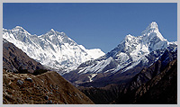 Everest, Lhotse and Amadablam peaks seen from Namche Bazaar.